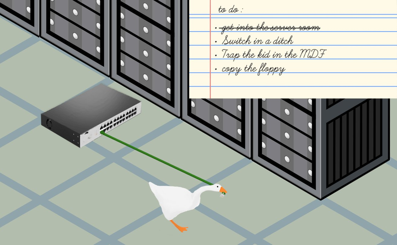 A goose pulls a switch down an datacenter isle by a dangling cord in the style of Untitled Goose Game
